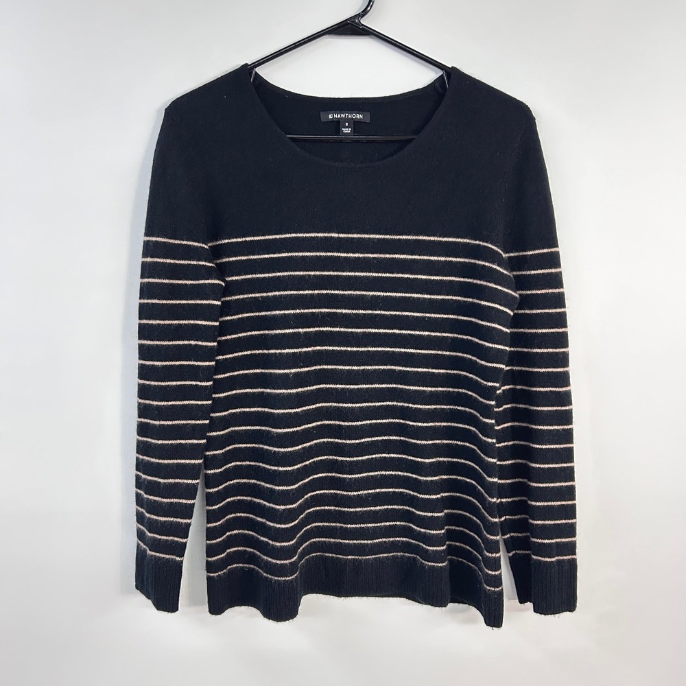 100% Cashmere Striped Crewneck Sweater Medium Black Minimalist Luxury Capsule